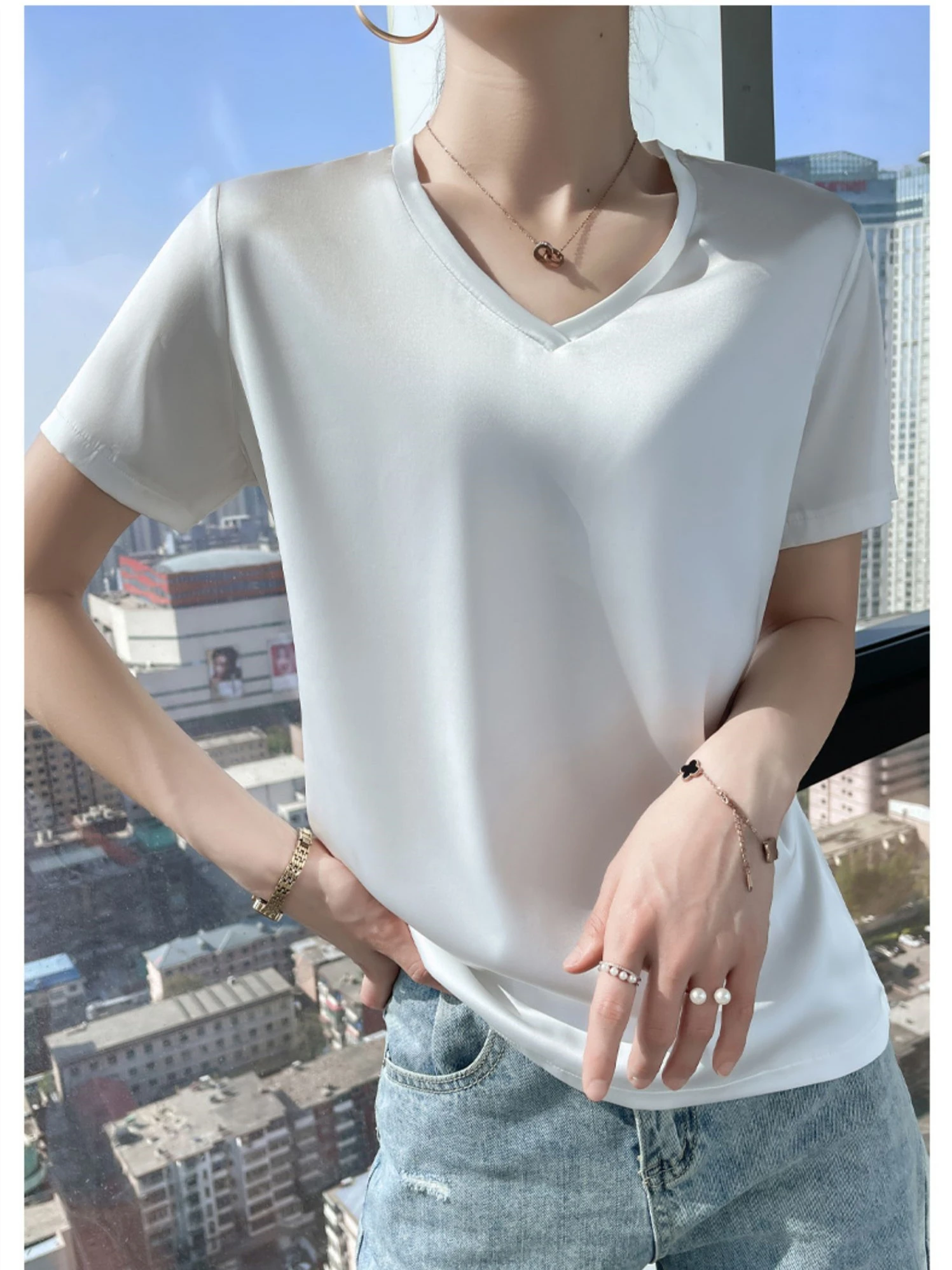 women's fashion minimalist satin T-shirt,office lady Elegant casual V-neck shirt plus size tops  blusa feminina футболки женские