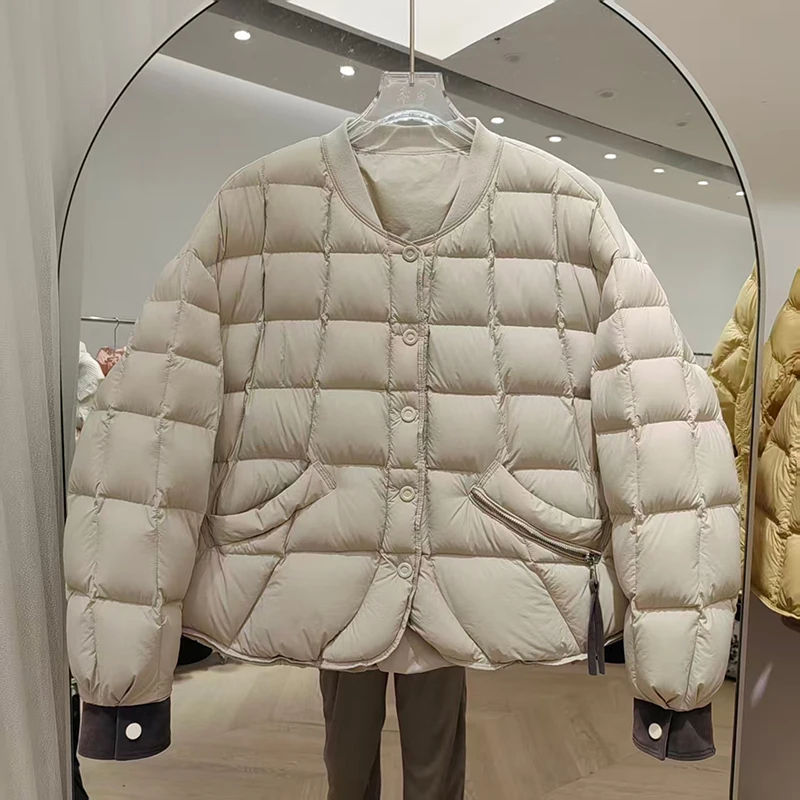 

Зимний короткий повседневный пуховик с круглым вырезом, женский белый утиный пух, карман на молнии, теплая верхняя одежда, женские однобортные куртки-парки