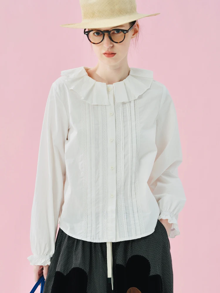 

Iokoni Women's irt Fall 2026 Faionable Lace Trim Design Straight Cut Long Sve Pure Cotton Breathable French Sle