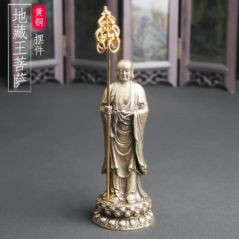 Brass holding a Zen staff, Jizo King Bodhisattva desktop ornaments, bronze statues, Buddha statues, cultural handicrafts