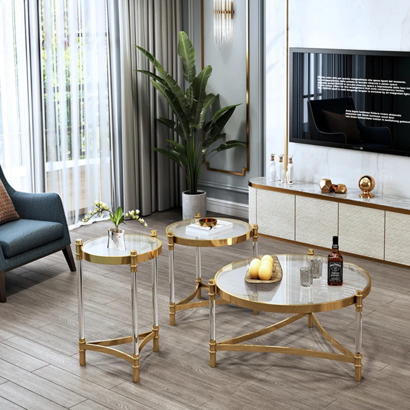 

Modern villa, clubhouse, living room, acrylic set table, stainless steel, golden glass, high and low tea table customization