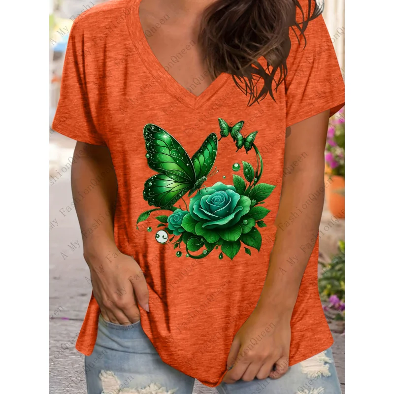 

Women's Green with Roses Pattern Printed-Shirt, Plus Size Short Sleeve-Shirt