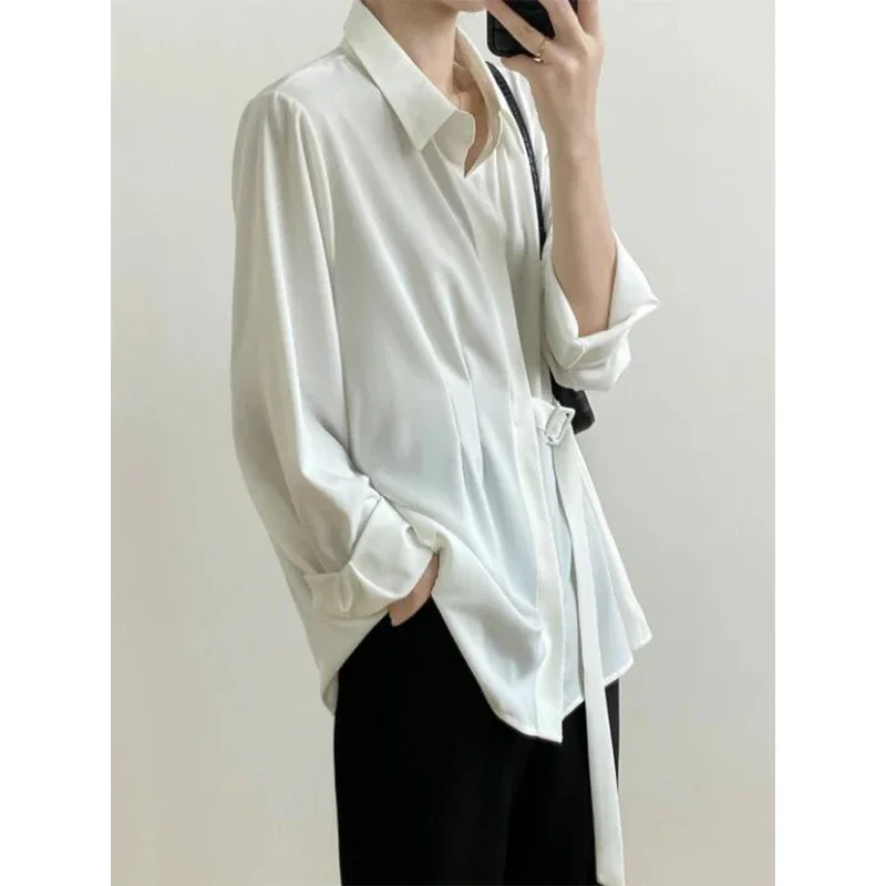 MEXZT Korean Belt Lace Up Shirts Women Elegant Long Sleeve Bandage Loose Chic Blouses Office Lady Solid Simple All Match Tops