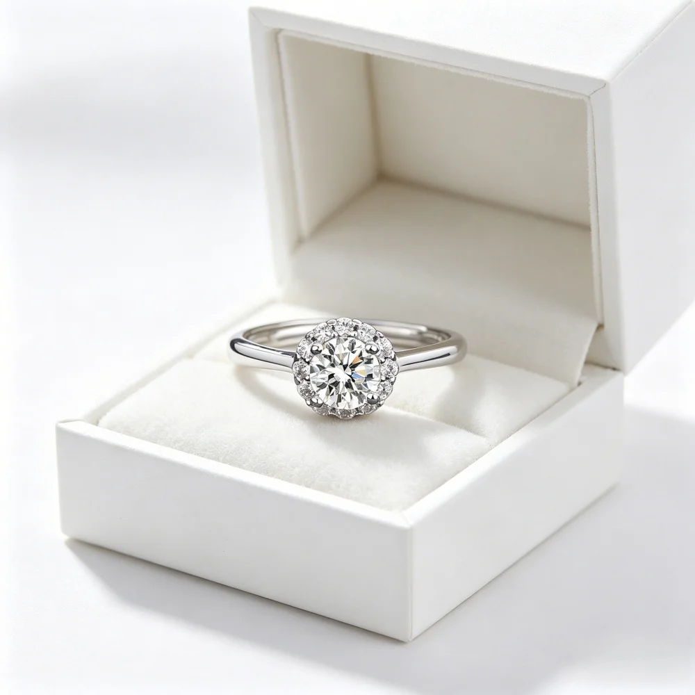 Round Halo Cubic Zirconia Adjustable Ring for Women Silver Luxury Shining Diamond Wedding Daily Wear Fine Jewelry