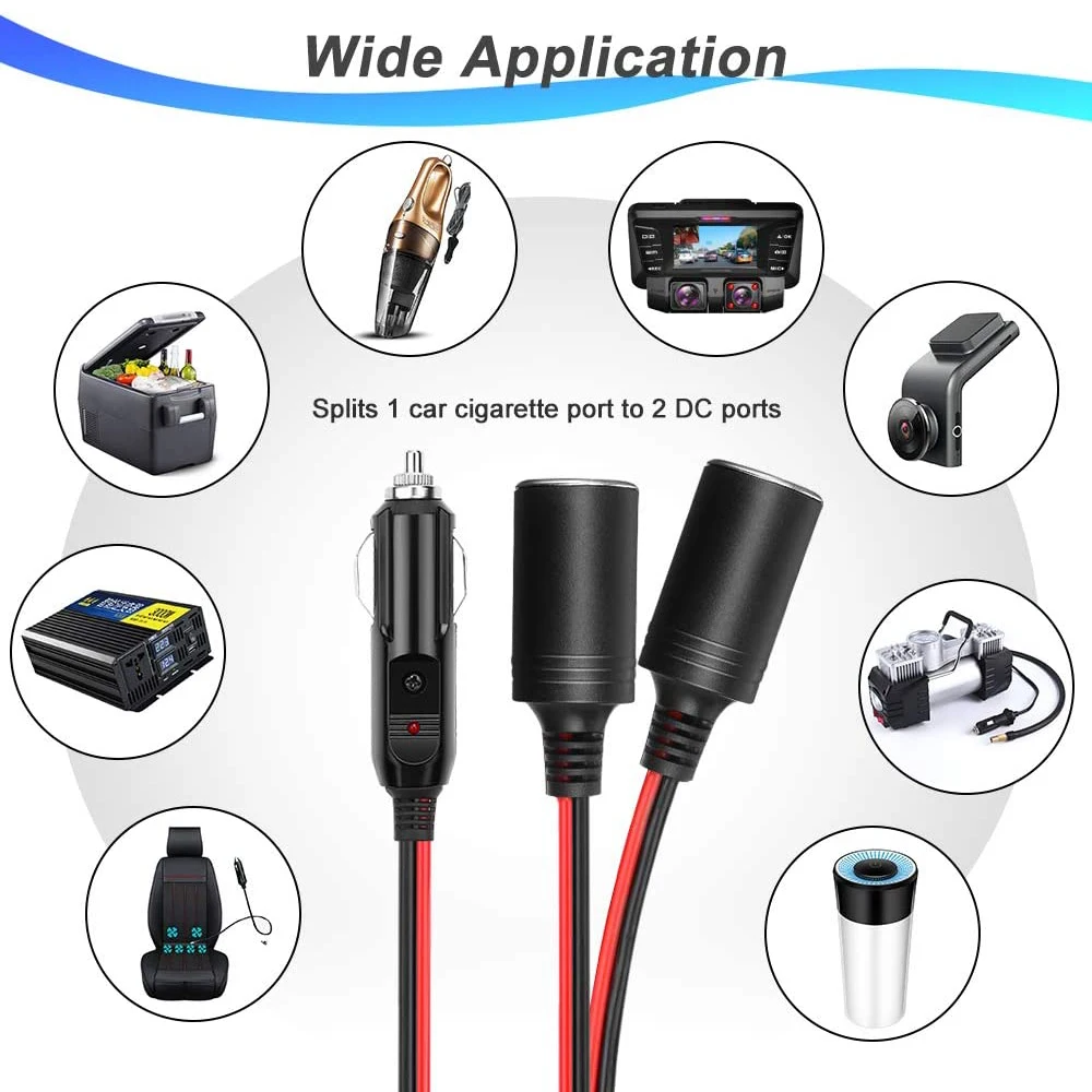 Bloopow 1.8M 16AWG Cigarette Lighter Extension Cord Cable 1 to 2 DC 12V  Cigarette Lighter Power Charger Port Splitter Adapter