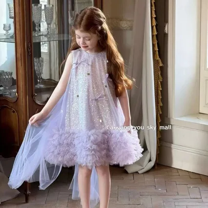 

Новое летнее фиолетовое сетчатое платье с блестками для маленьких девочек, модные детские праздничные платья принцессы для детей от 3 до 8 лет