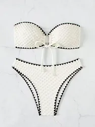 Swimwear White 2 Piece Strapless Swimsuit for Women Sexy Bandeau Backless Bikini Set Lace-up Patchwork Bathing Suit 2025 New