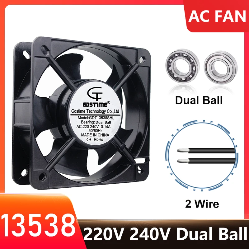 

Gdstime 220V 240V 13CM 135MM x 38MM Dual Ball Bearing AC Axial Cooling Fan 2 Wire