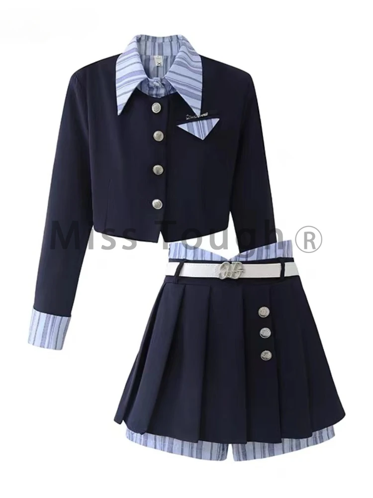 Winter Preppy Style Sweet 2 Piece Set Women Fake Two Piece Top + Mini Pleated Skirt Female New Chic Harajuku Slim Retro Set 2024