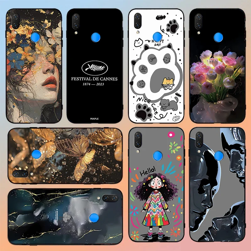 For Huawei P Smart Plus 2018 Punk Silver Robot TPU Black Soft Phone Case P smart plus Graffiti Flower Girl Maple leaf Lucky