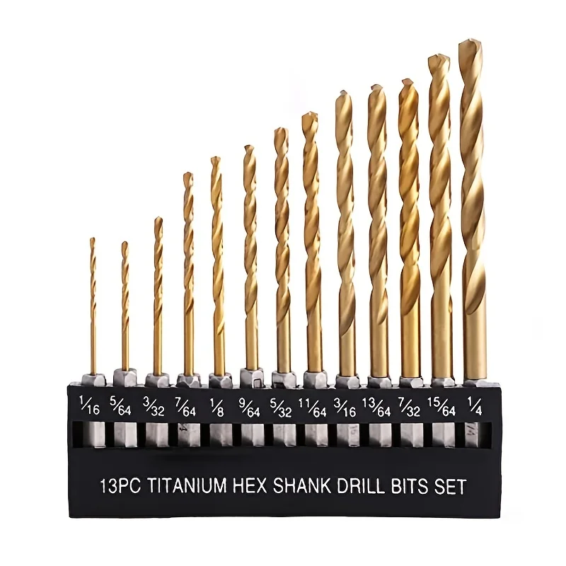 13 Pcs Titanium Twist Drill Bit Set - Hex Shank High Speed Steel for Wood Plastic Aluminum Alloy, Quick Change, 1/16