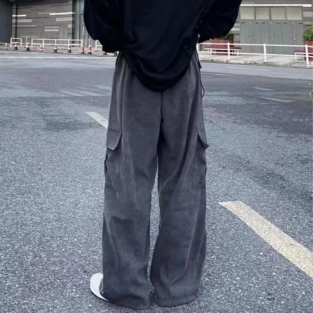 

Solid Color Pants High Street Men's Wide Leg Cargo Pants with Drawstring Waist Multi Pockets for Comfortable Stylish for Men