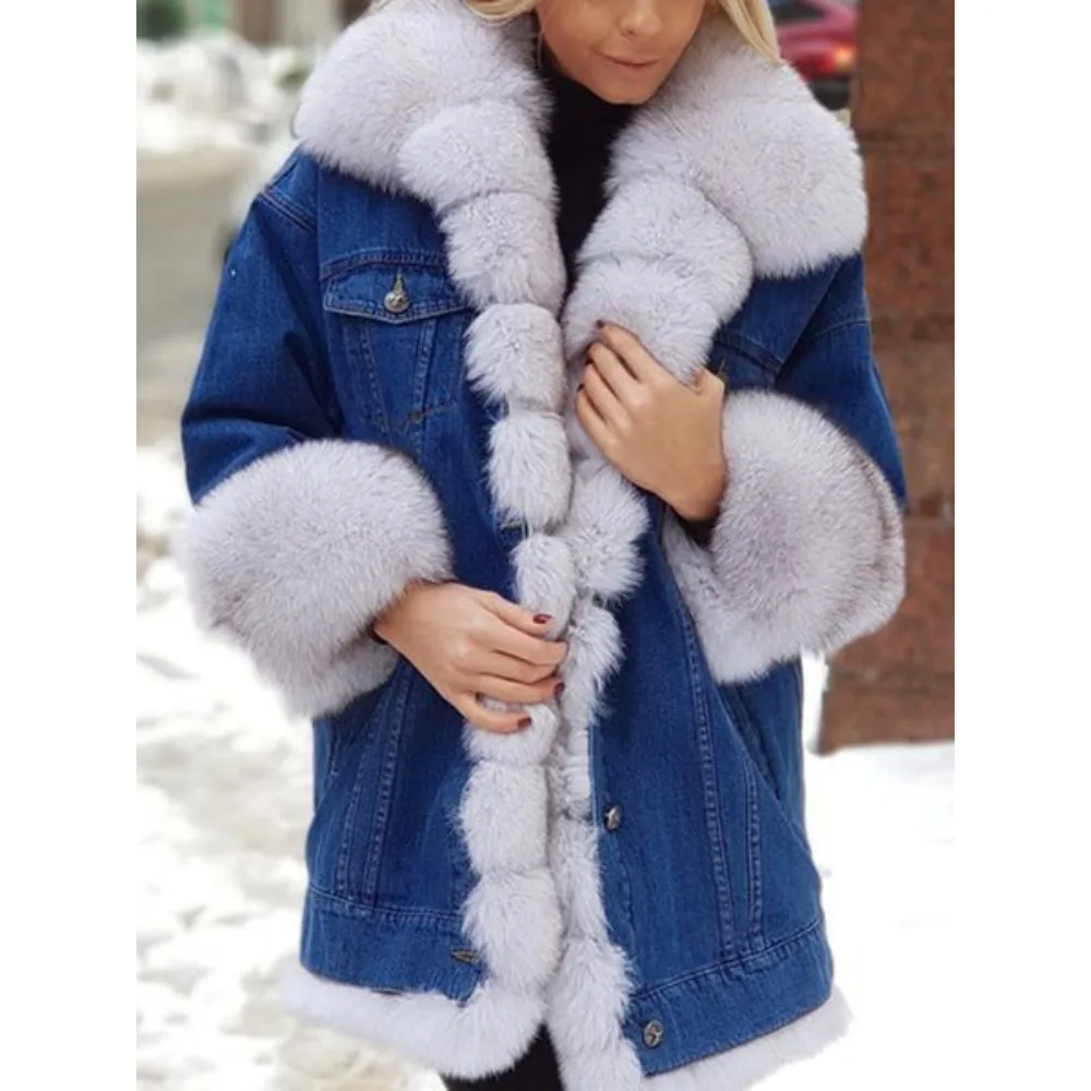 Faux Fur Women Denim Jackets Thick Cardigan Single Breasted Pockets Outerwear High Street Spliced Loose Jacket Autumn Winter