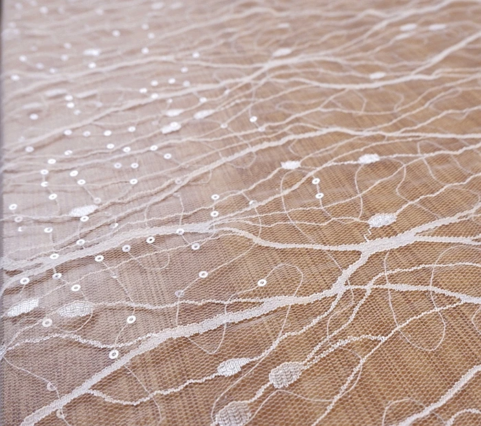 White Embroidered Sequin Lace Fabric Mesh Garment Fabric DIY Wedding Dress Catwalk Dress Fabric