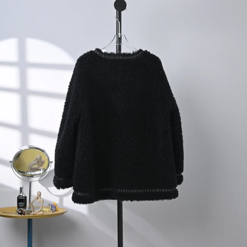 Chaqueta de lana auténtica con cuello en V para mujer, abrigo cálido y elegante de oveja, Parka a la moda para invierno, PT346
