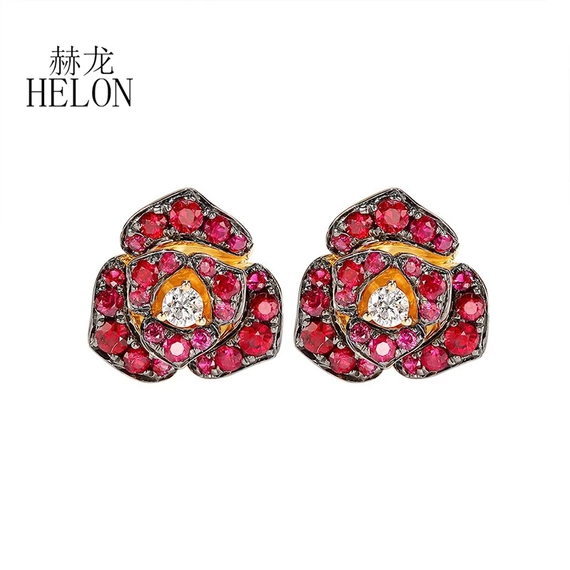 HELON Solid 18k Yellow Gold Rose Series Genuine Ruby Diamond Stud Earrings Women Gemstone Earrings Art Deco Fine Jewelry Gift