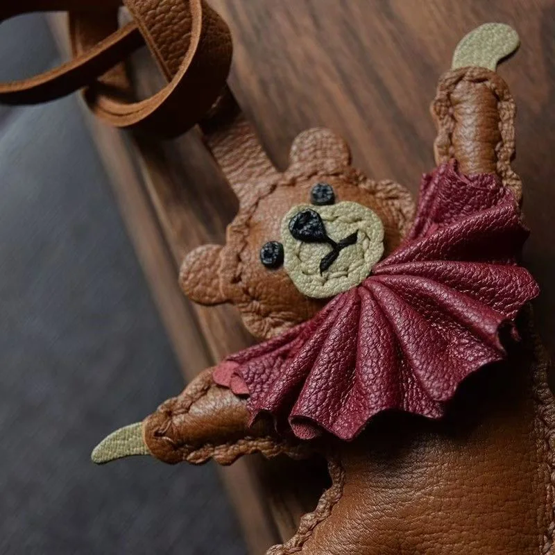 Handmade Pure Cowhide Keychain Pendant Elegant Lovely Genuine Leather Ballet Bear Soda Bread Teddy Dog Pendant Premium Fashion