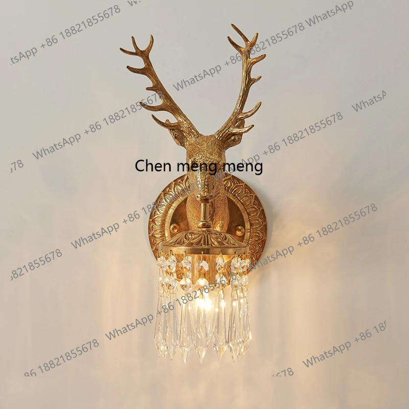 Deer head wall lamp luxury retro creative European villa living room bedroom bedside lamp French full copper wall lamp