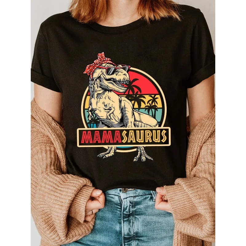 Camiseta negra informal con cuello redondo para mujer de Mama Long, con divertido estampado de gafas de Tiranosaurio Rex y estampado de "MAMA SAURUS"