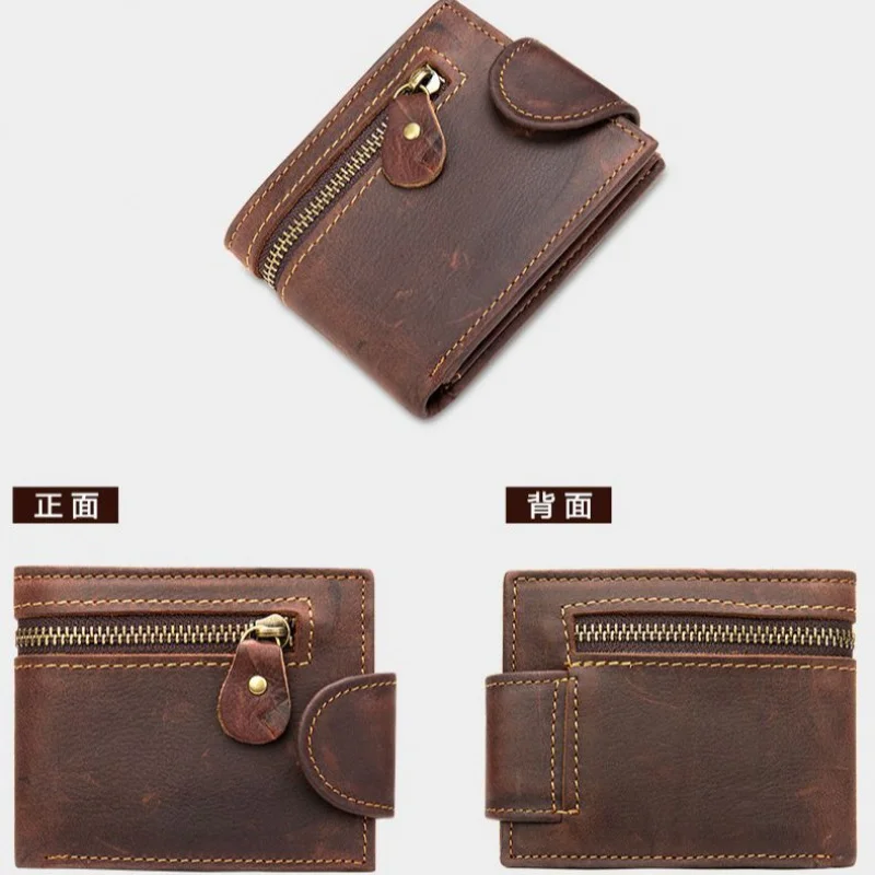 Cartera corta de cuero genuino para hombre, monedero de cuero Crazy Horse, tarjetero de gran capacidad, Clip para dinero de negocios