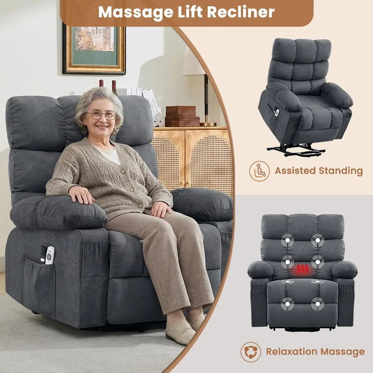 Power Lift Recliner Chair for Elderly with Heat and Massage, Electric Recliners Single Sofa with Side Pocket and USB Charge Port for Living Room and Bedroom Comfort view 4