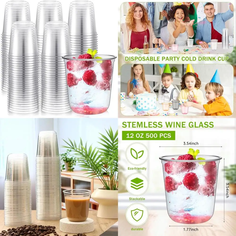 

12oz Clear Plastic Stemless Wine Glasses, 500 Pack for Weddings, Parties, and Special Events