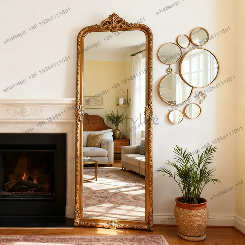 

European retro carved full-body mirror light luxury decorative mirror French retro