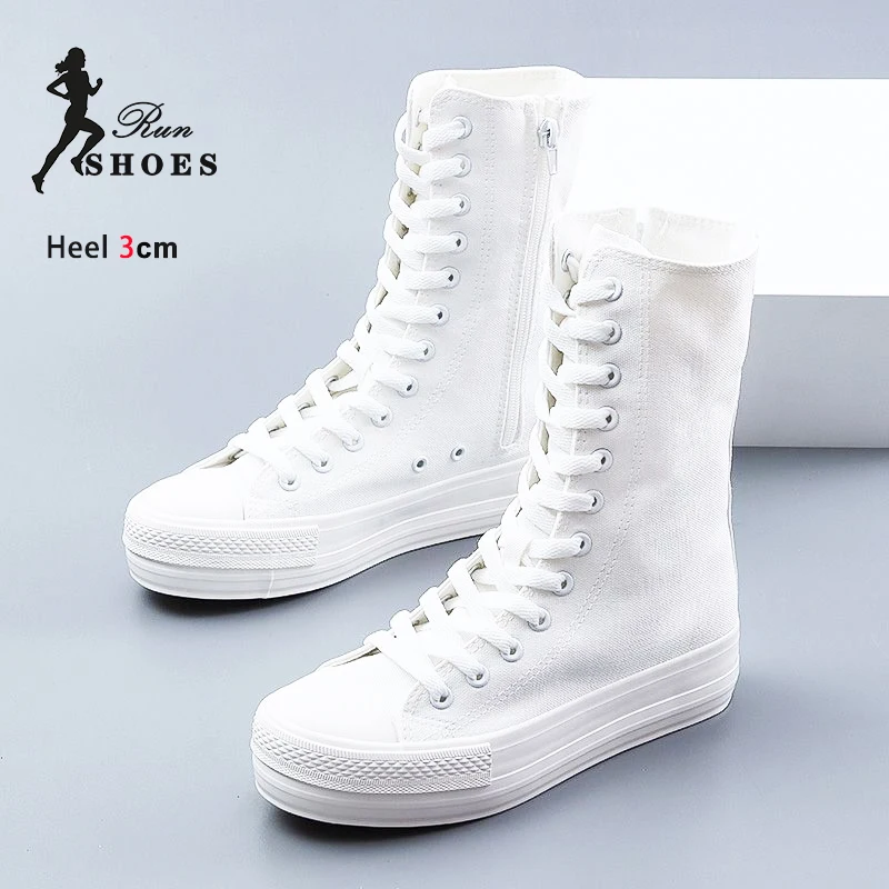 New High Top Canvas Shoes For Ladies Soft Bottom Cheerleaders Dance Shoes White Casual Sneakers 3CM 6CM Women's Mid-Calf Boots