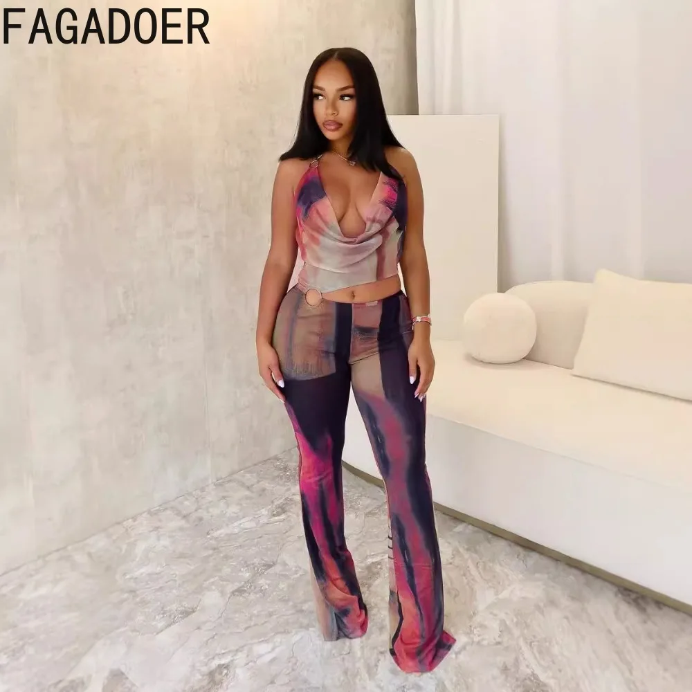 FAGADOER Fashion Tie Dye Print Mesh Hollow Out Jumpsuits Women V Neck Halter Lace Up Backless Slim Playsuits Sexy Female Overall