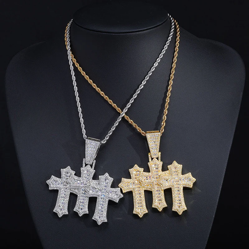 

Хип-хоп ожерелья с 3 крестами, инкрустированными стразами CZ 5A+, для мужчин, в стиле рэперских украшений, золотого и серебряного цвета