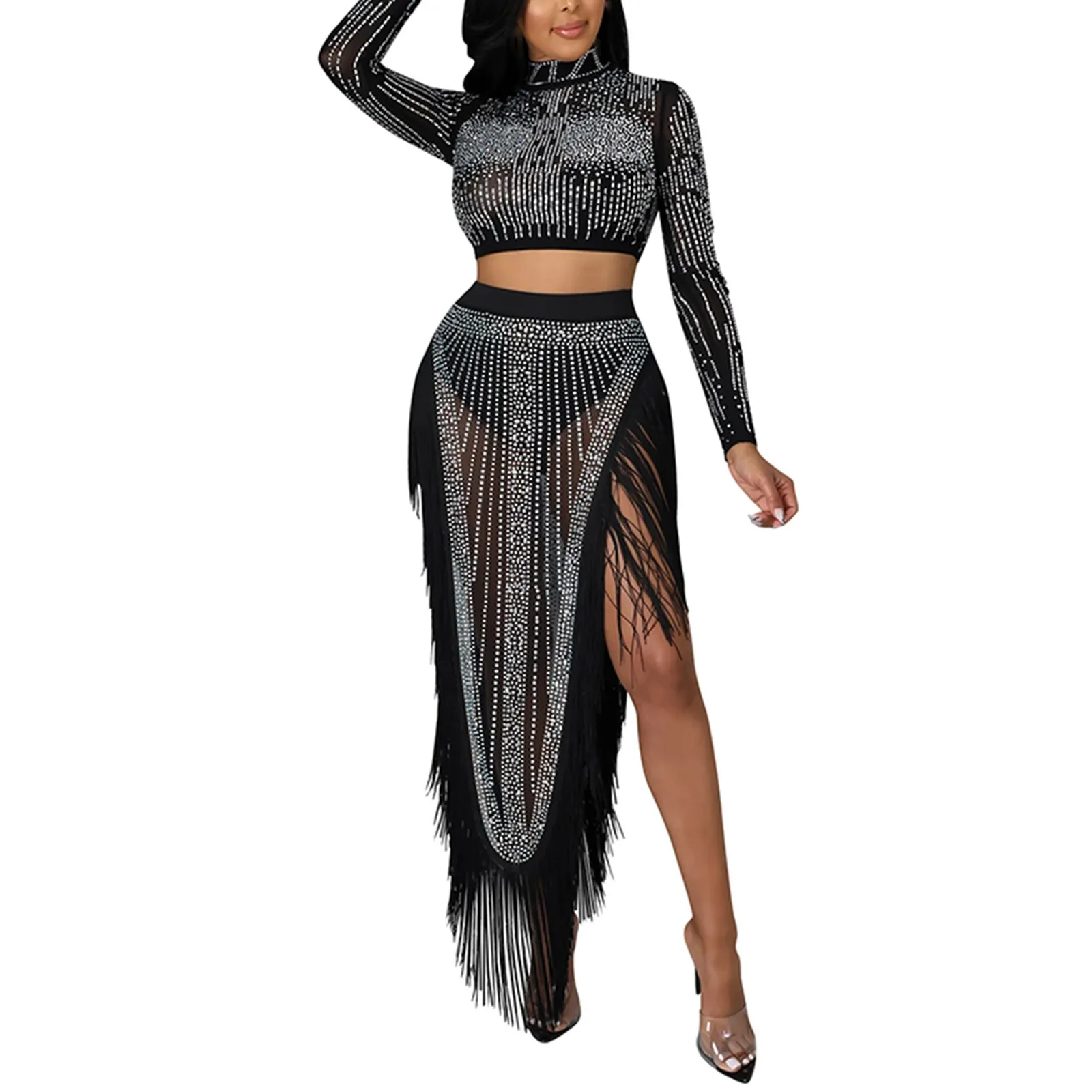 2024 Autumn Women 2 Piece Outfits Diamond Mesh Perspective Long Sleeve Split Skirt Two Piece Set Ladies Sexy Nightclub Dresses