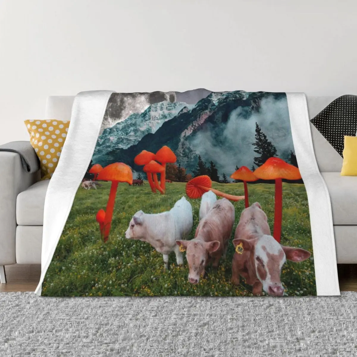

Cows and mushrooms Throw Blanket Plush sofa bed for winter Flannel Fabric Blankets