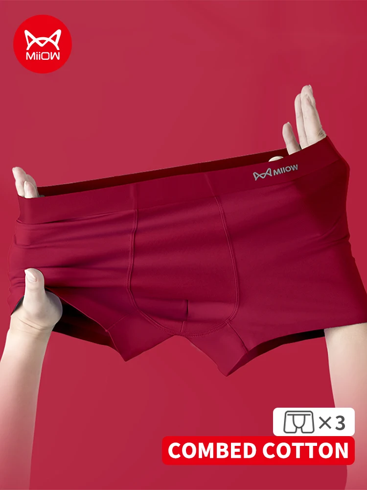 MiiOW 3Pcs Herbst Winter Baumwolle Männer Unterwäsche Glück Rot Schlüpfer der Männer 7A Antibakterielle Herren Unterhose Seidige Atmungsaktive boxer