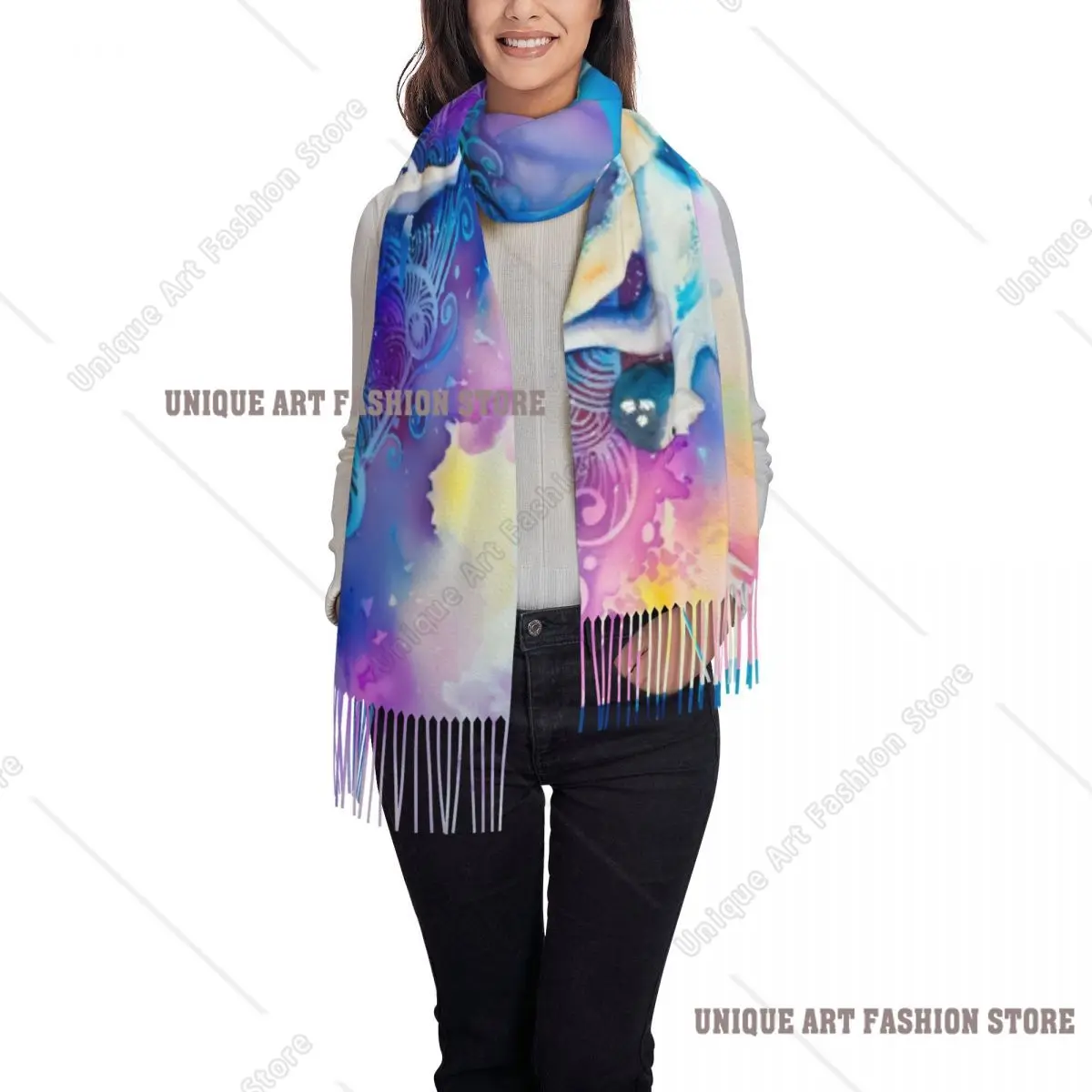 ผ้าพันคอพิมพ์ลายศิลปะยิมนาสติกแบบยาวสำหรับผู้หญิง ดีไซน์หรูหรา ผ้าหนา อุ่นสบายสำหรับฤดูหนาว พร้อมพู่ห้อย