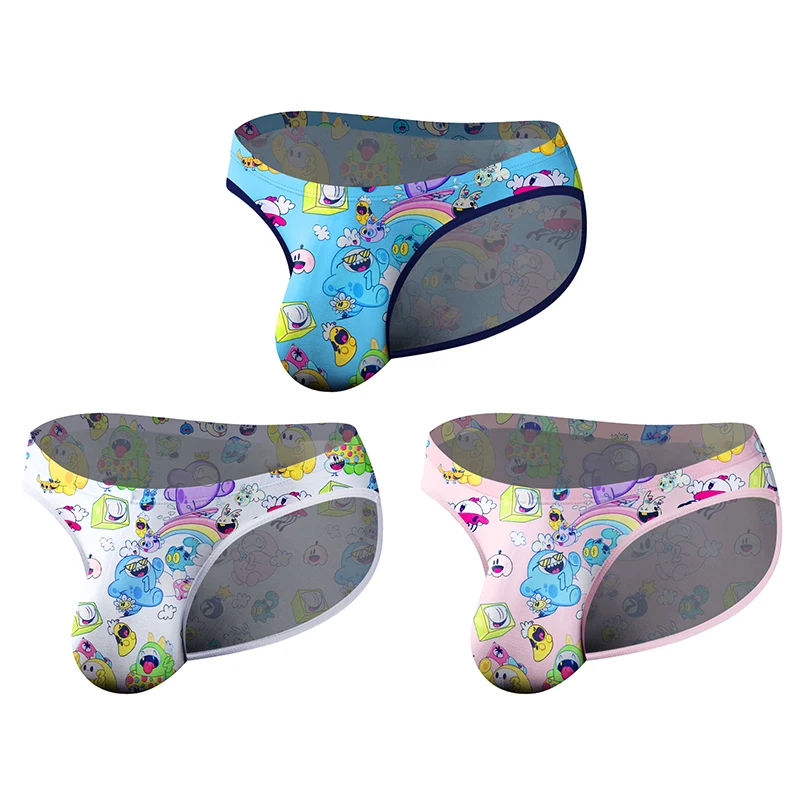 Cartoon Briefs High Cross Men's Triangle Bikini Sexy Low Rise Graffiti Print Underwear 3 Pack