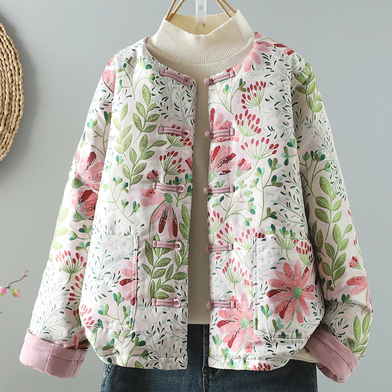 Thiened Cotton Jaet Women's Retro Sle Printed Long Sve Coat Stand Collar Zipper Closure Warm Vintage Outerwear