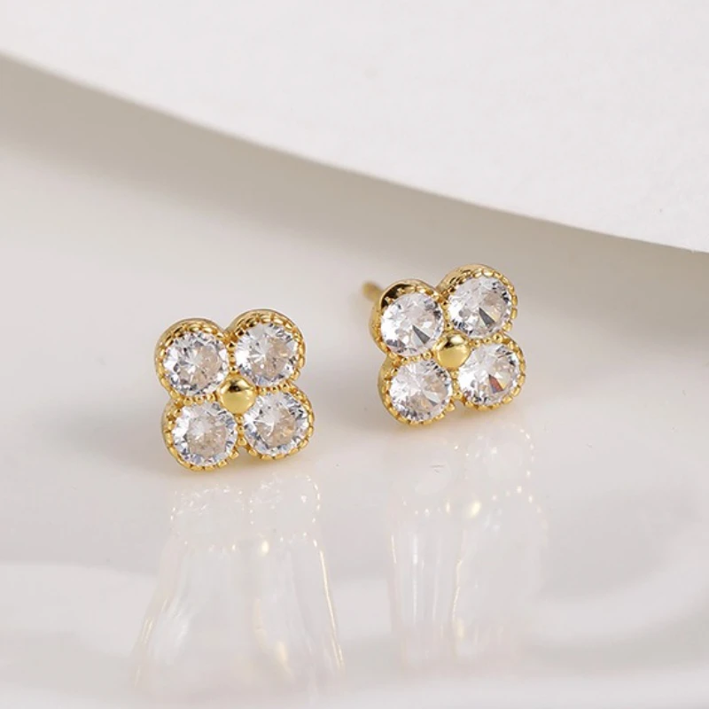 925 الفضة مطلي أربع أوراق البرسيم وأقراط للنساء تألق لامعة 5A الزركون محظوظ أقراط مجوهرات مأدبة رائعة #6