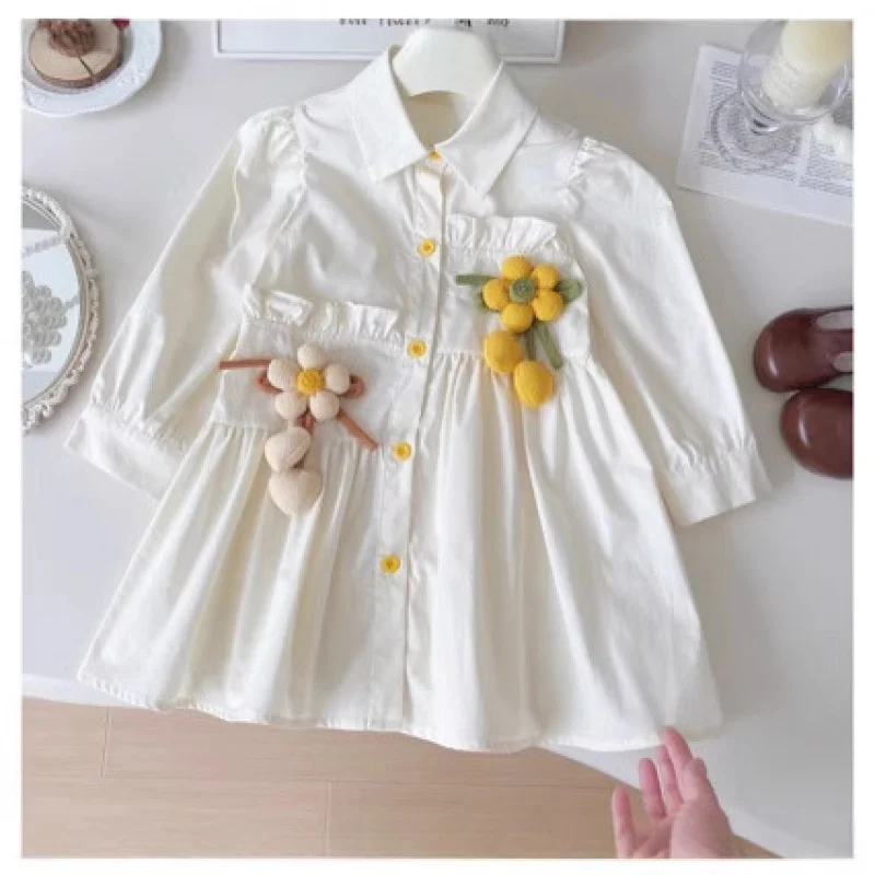 

2025Spring New Girls' Long Sleeve Shirt Dress Baby Shirt Collar Sunflower Girl Dress