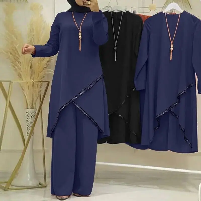 2 Pieces Muslim Women Long Sleeve Top Wide Leg Pants Set Arab Solid Color Casual Set