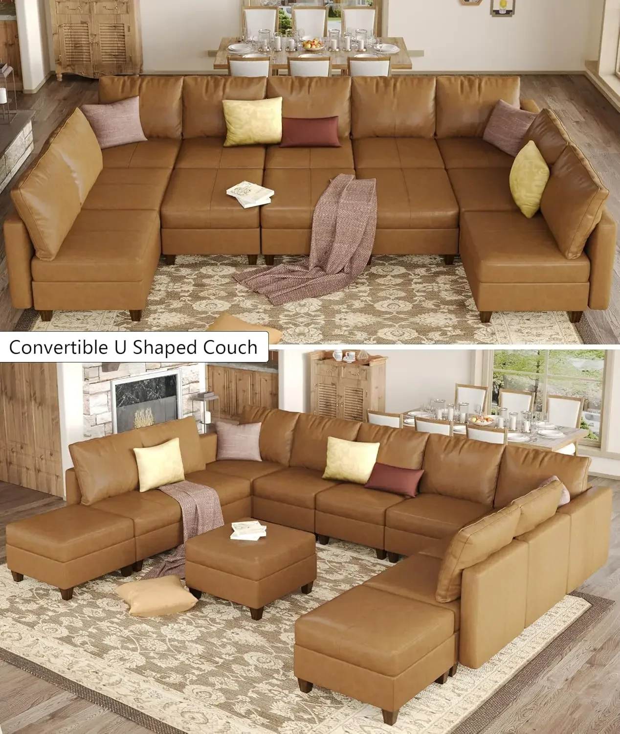 Modular Sectional Sofa Couch with Reversible Chaises,Faux Leather Modular Sofa Convertible Sectional Couch with Storage Ottomans