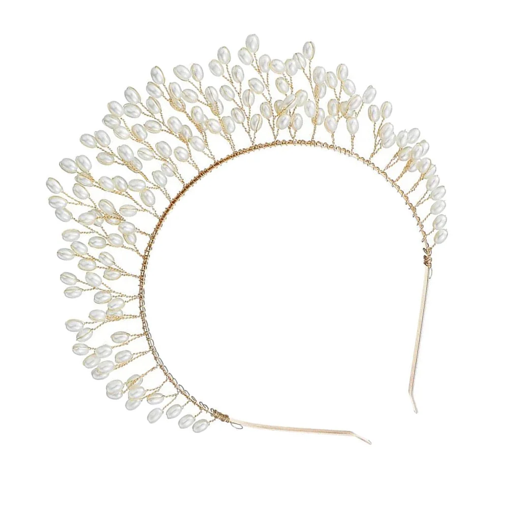 عصابة رأس على شكل تاج الزفاف من اللؤلؤ الاصطناعي الذهبي، طوق شعر مبالغ فيه للحفلات خفيف الوزن، رباط شعر على شكل تاج الزفاف #2