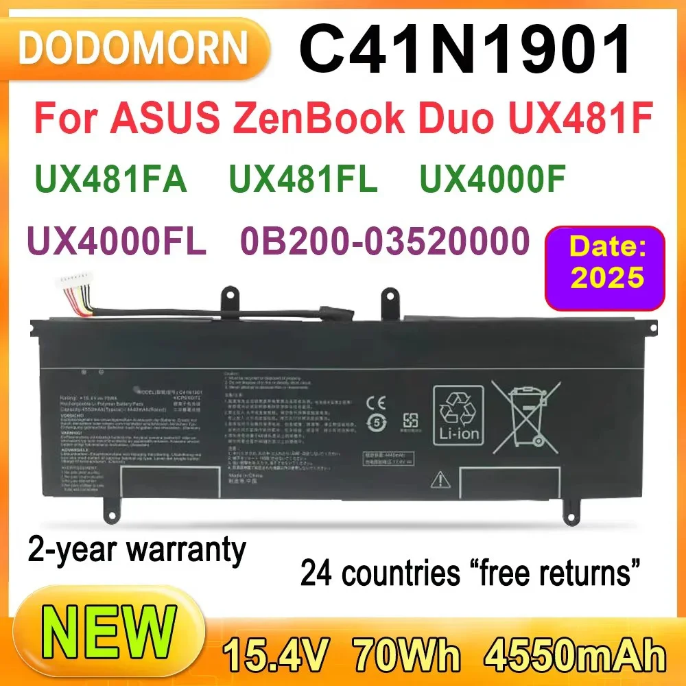 

New C41N1901 Laptop Battery For ZenBook Duo UX4000F UX4000FL UX481FL UX481FA UX481F 0B200-03520100 0B200-03520000 4ICP6/60/72
