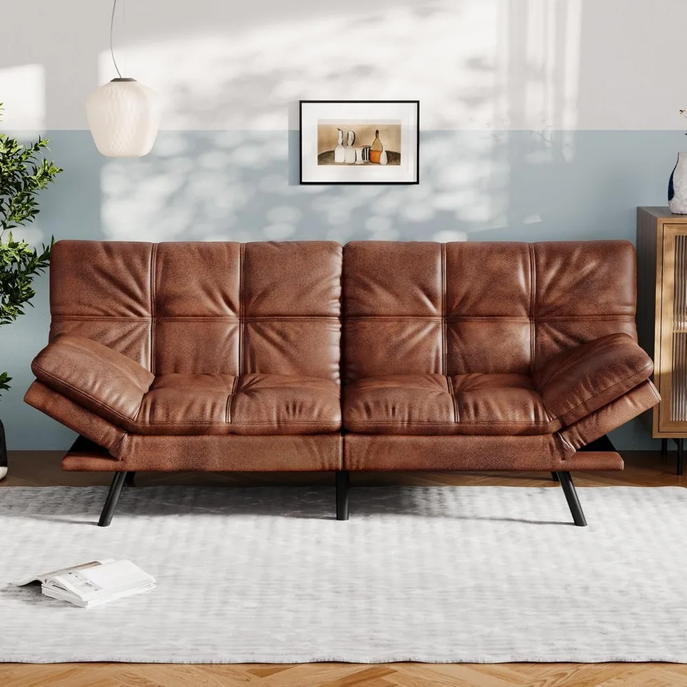 

Convertible Futon Sofa Bed, Brown Faux Leather Futon Couch with Adjustable Backrest & Armrests, Folding Small Recliner Sleeper S