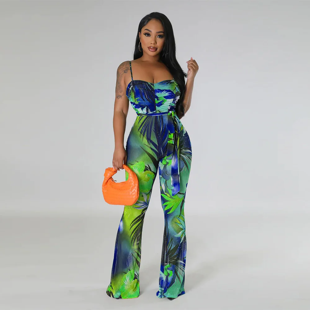 Women Printed Spaghetti Strap Backless Sleeveless Jumpsuit Sexy Summer Bell-bottoms Pants Jumpsuit Summer Beach Wear