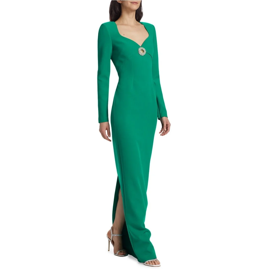 

OIMG Elegant Green Tight Draped Prom Dresses V-Neck Floor Length Crepe Satin Long Sleeves Evening Gowns Formal Party Dress