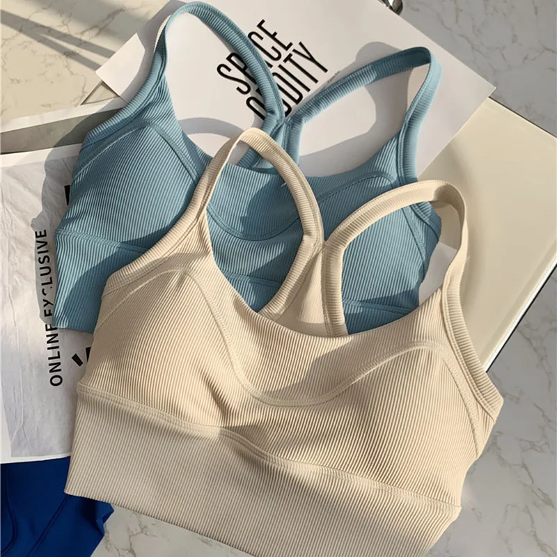 Kobiety Y Tape powrót wyściełane Strappy biustonosze sportowe Push Up Top biustonosz długi Crop biustonosz do jogi trening Fitness