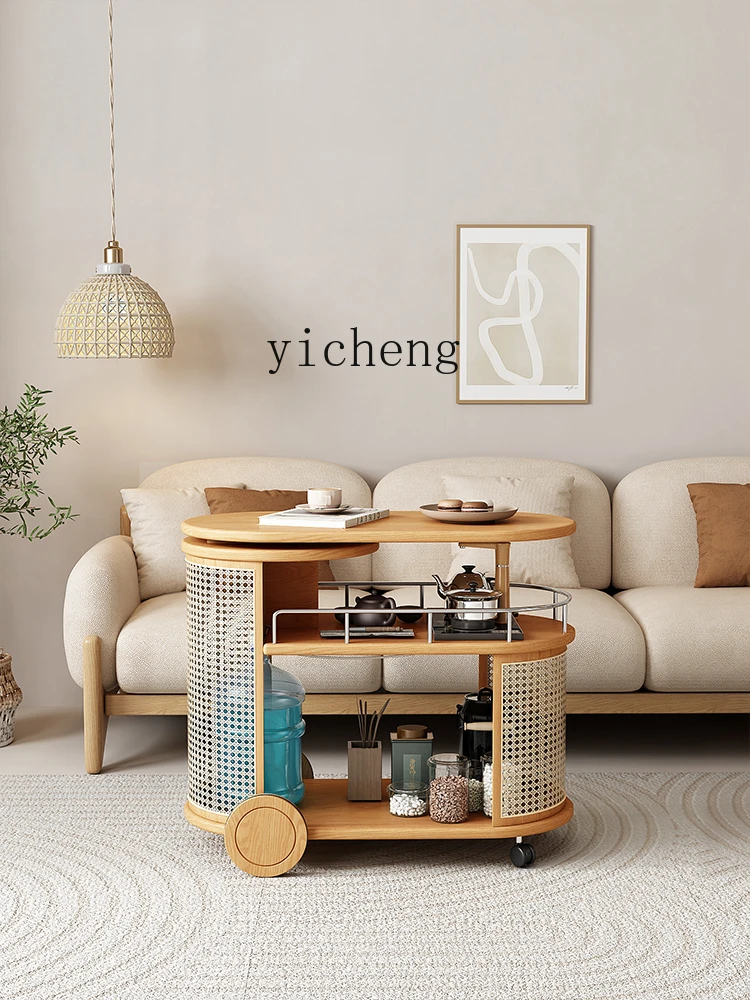 XL Mobile Solid Wood Tea Cart Household Sofa Side Table Wood Color Rotation Tea Table Tea Cabinet