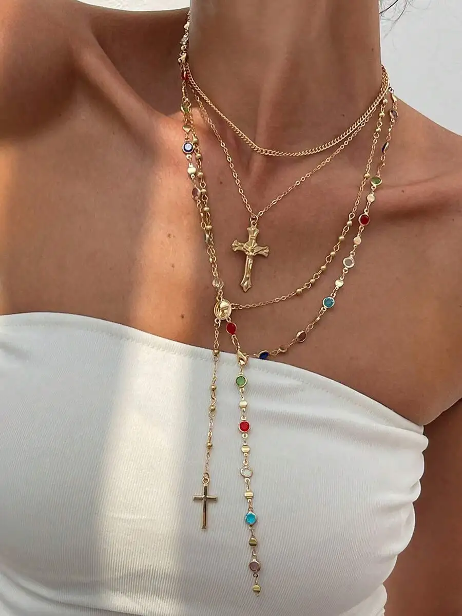 

4pcs/Set 14K Gold Plated Multi-Layer Beaded Cross Necklace for Vacation, Prayer & Baptism