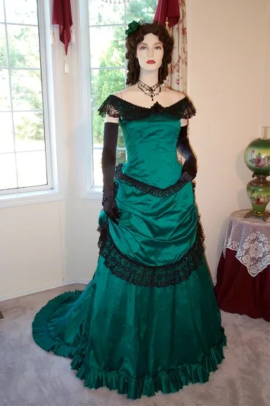 Cosplaydiy Victorian Bustle Ball Gown Green Dress Off Shoulder Medieval Renaissance Gown Costume Vintage Royal Court Dress Suit