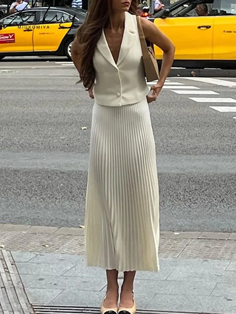 White Pleated Skirts Sets Women Summer Elegant Vest And Skirt Ladies Sleeveless Tops and Skirts Suits For Women